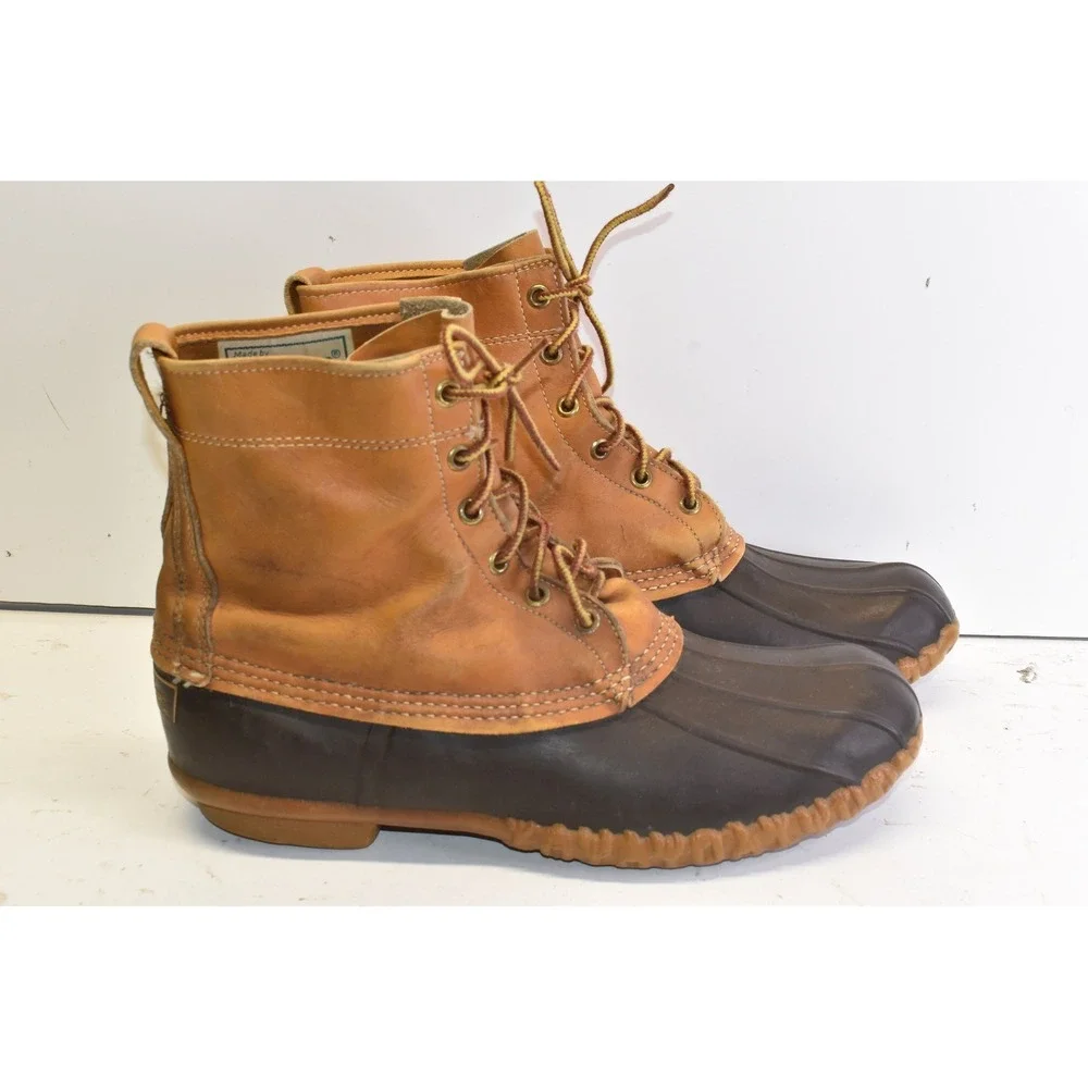 Vintage LL Bean Maine Duck Boots Brown Tan Mens 10 Leather Rubber Bean Boots USA
